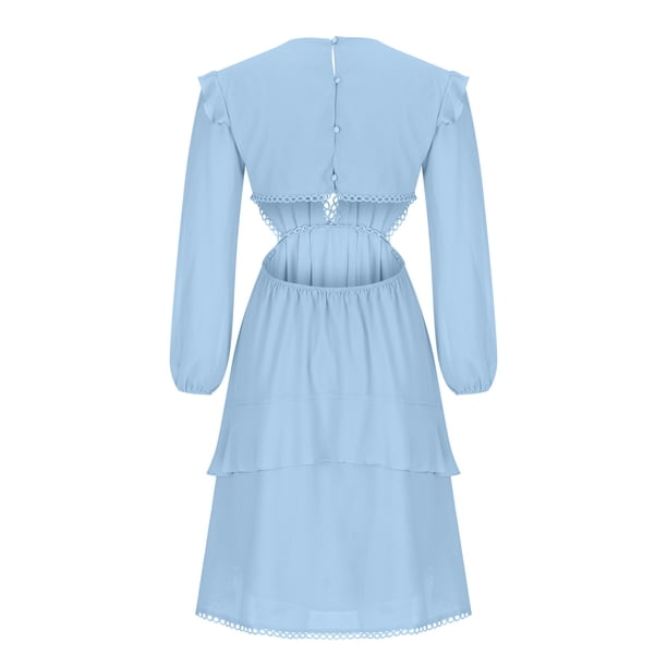 Womens Chiffon Midi Dresses Long Sleeve Plunge V Neck Lace Trim Dress  Cutout Backless Double Layer Hem Flowy Summer Dress - Walmart Business  Supplies