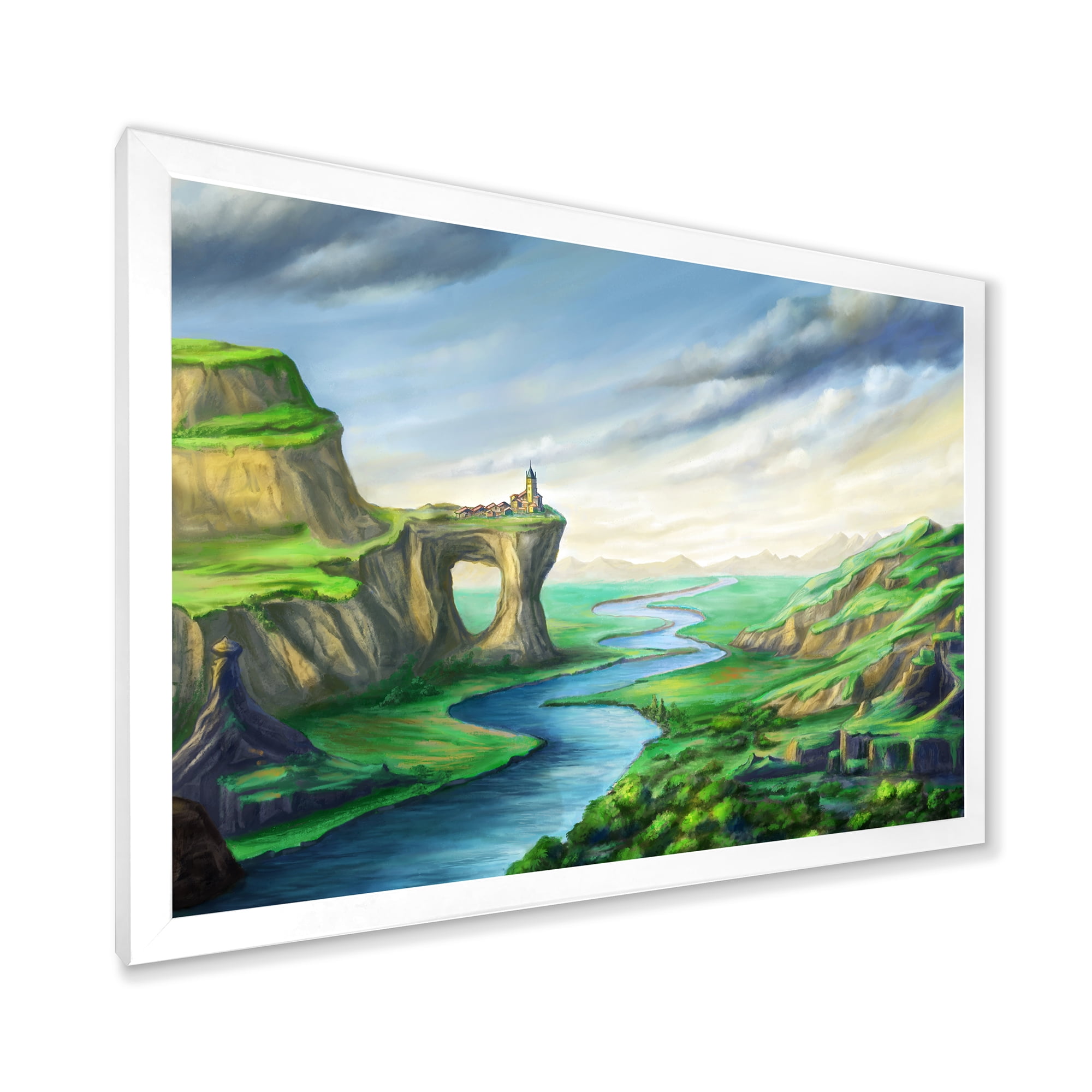 Meandering River With Blue Fantasy Landscape 32 in x 24 in Framed Painting Canvas Art Print, by Designart