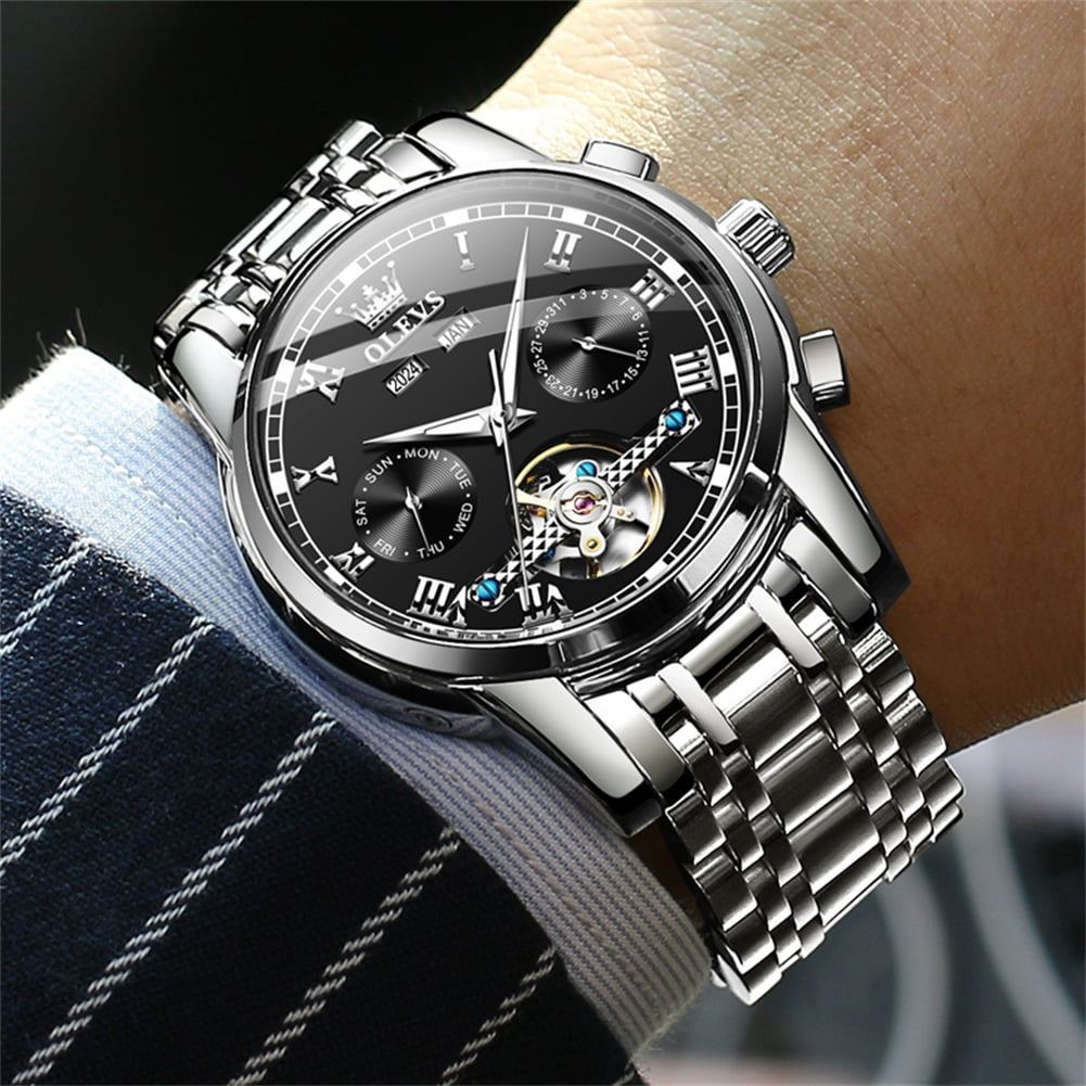 OLEVS Automatic Watches for Mens Self-Winding Mechanical Chronograph Classic Fashion Business Tourbillon Skeleton Stainless Steel Waterproof Luminous Mens Wrist Watches Reloj Para Hombre