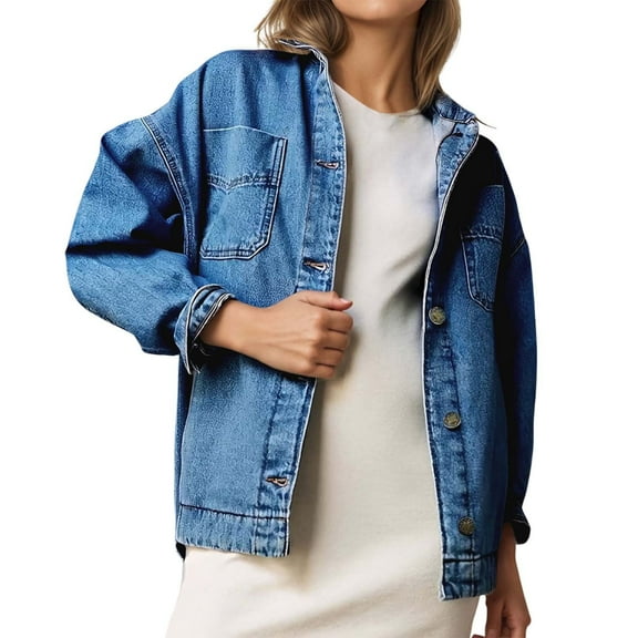 Womens Jackets Women's Outerwear Women's Retro Classic Long Sleeve Baggy Button Pocket Denim Shirt Jacket