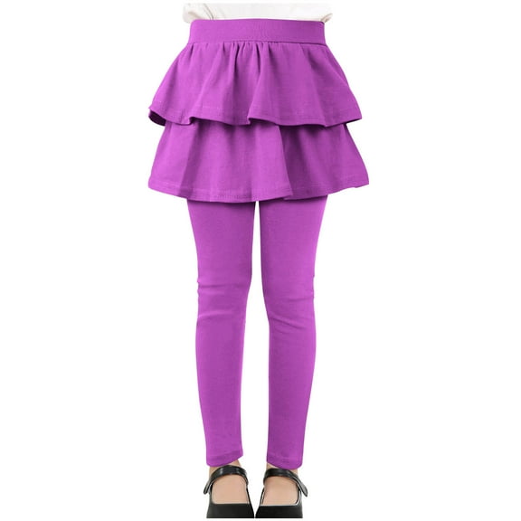 Girls Ruffled Leggings with Skirt High Waist Stretch Skort Leggings Long Pants Solid Color Fall Winter Jeggings (13 Years, Purple)