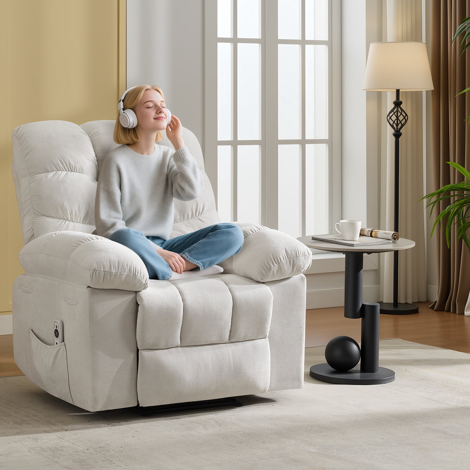 Recliner Chair for Adult, Recliner with Massage&Heating, Manual Recliners, Upholstery Overstuffed Soft Rocking Sofa Chair, Beige