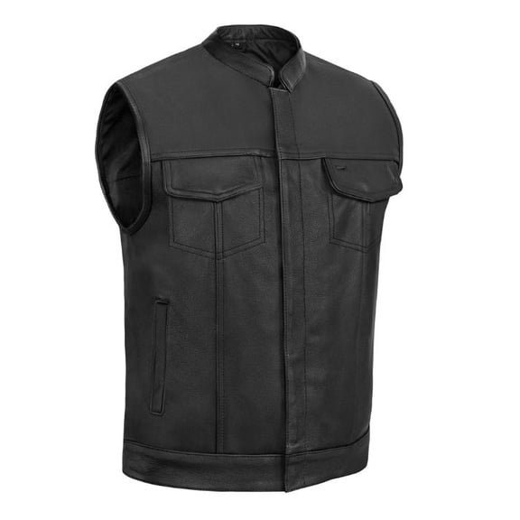 Daniel Smart S to 12XL Biker vest for Men Cowhide Black Leather Motorcycle Vest Unique with Scoop Collar Design
