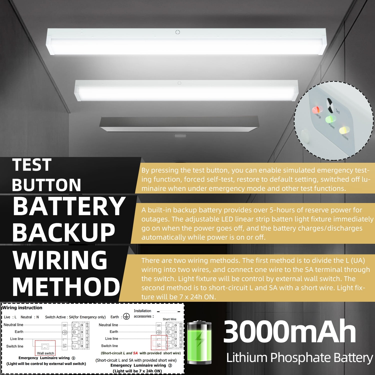 4FT LED Wraparound Emergency Stairwell Light, 2 Watt Selectable, 20W/40W, 2500lm/5000lm, Battery Backup, 5000K, IP20, 100-277V, 4 Foot Flush Mount Commercial LED Wrap Shop Ceiling Light Fixture, FCC