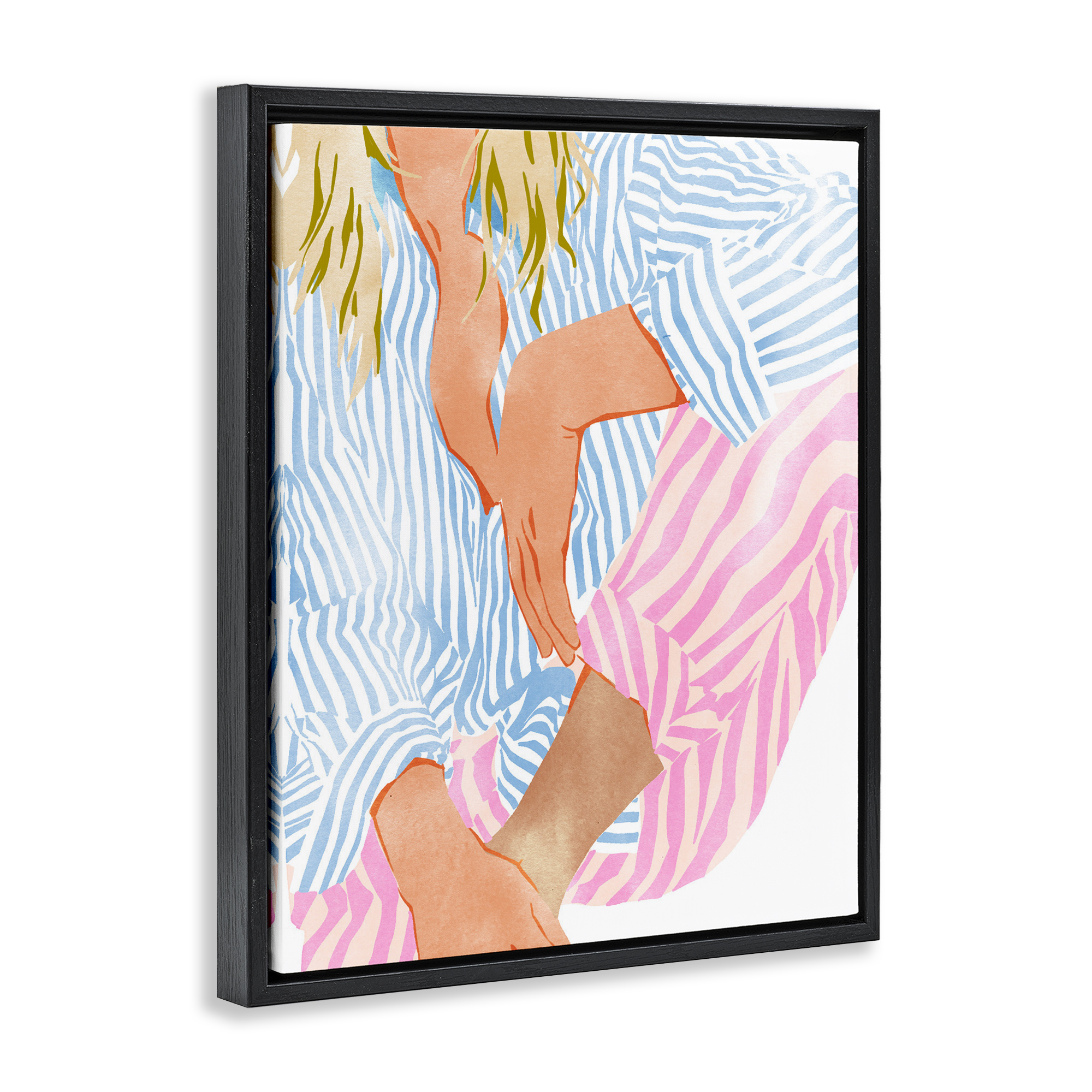 Woman in Pastel Stripes Black Framed Floater Canvas Wall Art, design by Ziwei Li