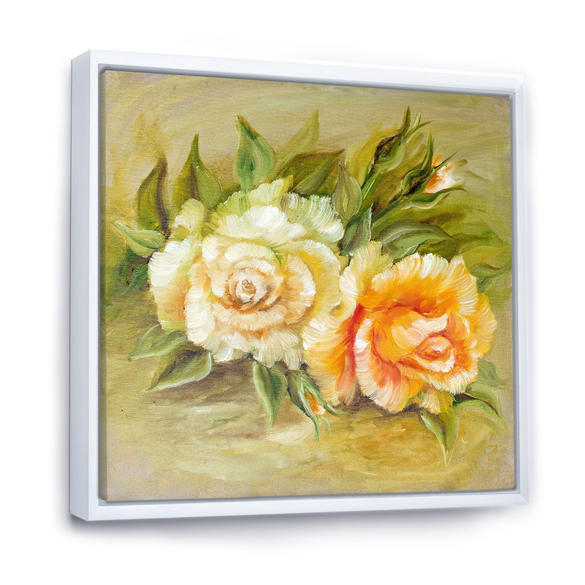 Vintage Yellow and White Roses 16 in x 16 in Framed Painting Canvas Art Print, by Designart