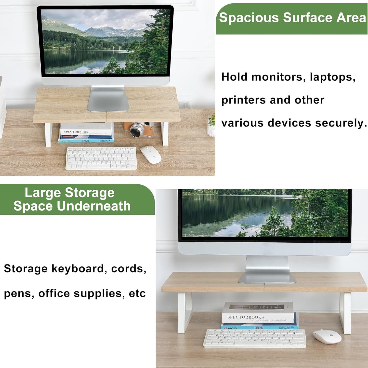 24 inch Monitor Stand Riser, Wood & Steel Computer Monitor Stand with Storage, Laptop, PC, Printer Stand Riser for Desktop Office Desk Organizers