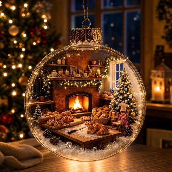 Light Up Christmas Ornament, LED Christmas Ball with Mini Fireplace Bakery Scene Transparent Hanging Bauble for Christmas Tree Window Mantel Shelf Holiday Home Decor and Seasonal Gift