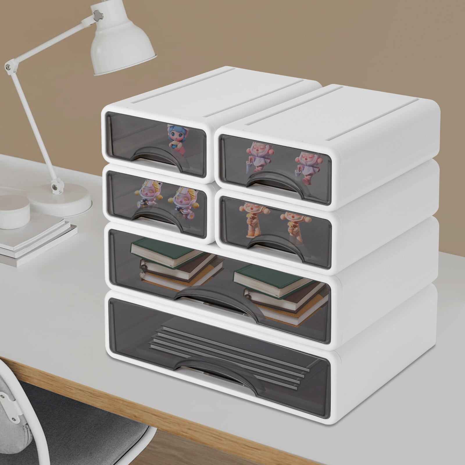 Shangmakel 6 Pcs Desk Organizer Office Storage Box with 6 Drawers Plastic Drawers Organizer Stackable Storage Drawers for Office Supplies, Pencils, Markers