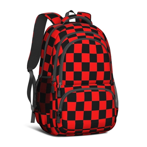 Red and Black Checkered Pattern Backpack for School, Cute School Bag with Adjustable Shoulder Straps and Padded Back, 16.9"x12.6"x5.9"