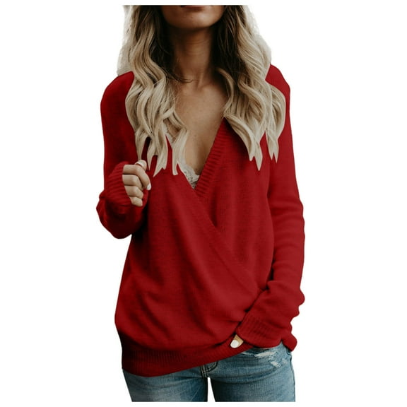 Hauaitttt Womens 2025 Deep V Neck Wrap Sweaters Long Sleeve Front Loose Knitted Pullover Fall Winter Tops Women Pullover Sweaters Men Casual Sweaters Womens Sweatshirt 5x Sweatshirts for Men Big And