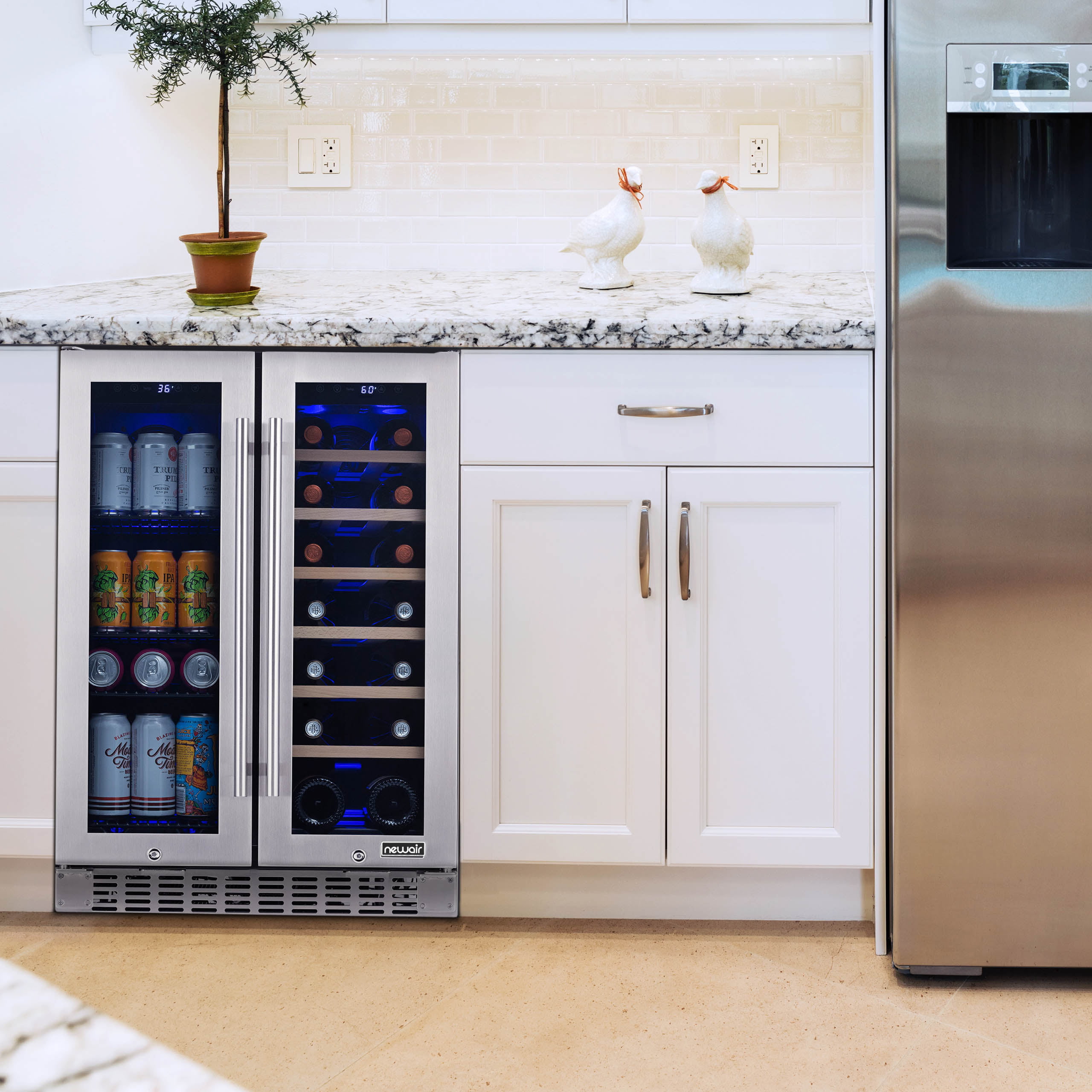 24 in.Dual Zone 18-Wine Bottles and 88-Can Built-In and Freestanding with  French Door Beverage Cooler in Stainless Steel