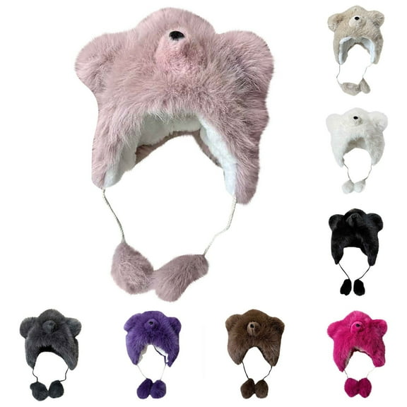 Winter Trapper HatsWomens Winter Solid Color Bear Ears Fashion Plush Hat Warm And Cold Proof Ear Cap