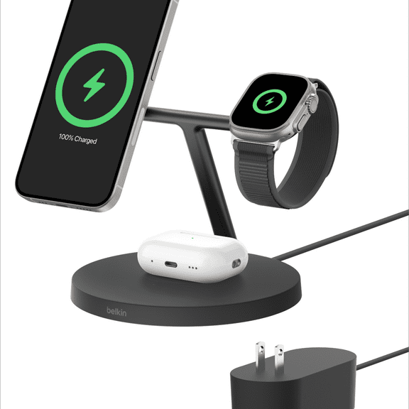 Belkin MagSafe-Compatible Charger, 3-in-1 Wireless Charging Station, Qi2-Certified 15W Wireless Charger for Apple iPhone 16 Series, Apple Watch, AirPods w/ Non-Slip Base, 40W Charger Included - Black