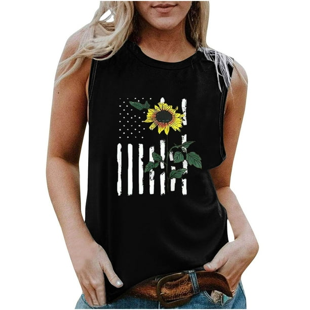 Camiseta sin mangas holgada de cuello redondo con estampado de día de la independencia a la moda para mujer Pompotops lopia992638