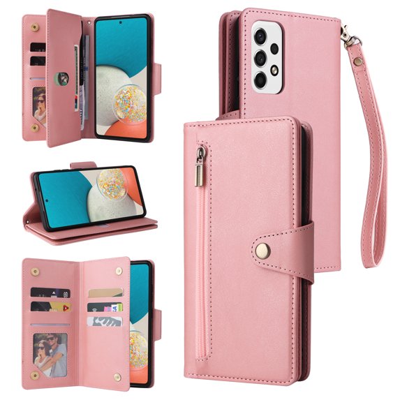 Feishell for Samsung Galaxy A53 5G Wallet Case with Wrist Strap,Premium PU Leather Zipper Pocket Magnetic Buckle Folio Flip ID Credit Card Slots Shockproof Kickstand Phone Case for Women Men,Rosegold