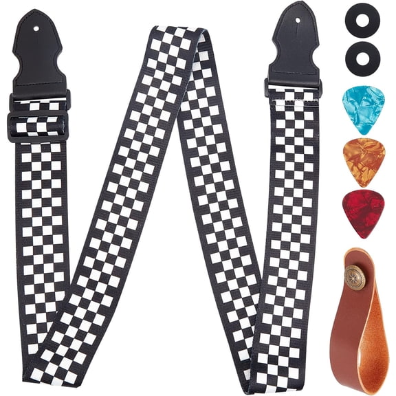 1set 1 set Guitar Accessory set with Polyester & PU Leather Strap Microfiber & Iron Neck Strap Silicone Strap Buckle Plastic Guitar Picks Tartan 80~137cm 50mm 7pcs/set