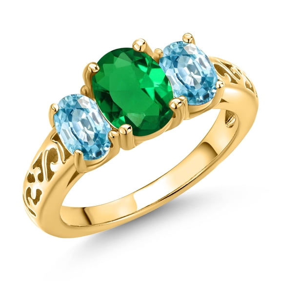 Gem Stone King 18K Yellow Gold Plated Silver Green Nano Emerald and Blue Zircon Filigree Style 3 Stone Ring for Women (2.05 Cttw, Oval 8X6MM and 6X4MM) (Size 8)