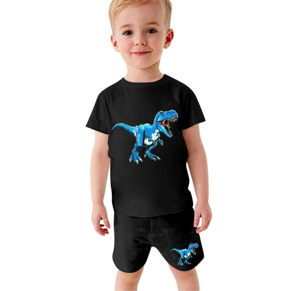 Odeerbi Kids Boys 2 Piece Outfits Dinosaur T-shirt Shorts Set Summer Clothes Kids Baby Casual Dinosaur Print Short Sleeve Shorts Clothes Set With Pockets Blue