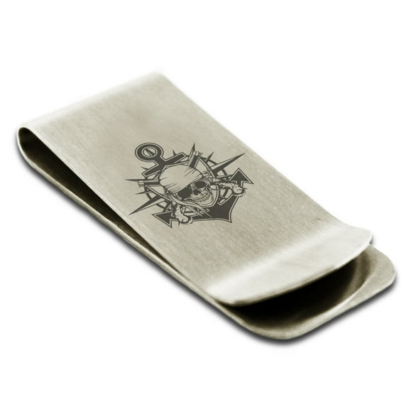 Tioneer Stainless Steel Pirate Bandit Skull Anchor Engraved Money Clip Credit Card Holder