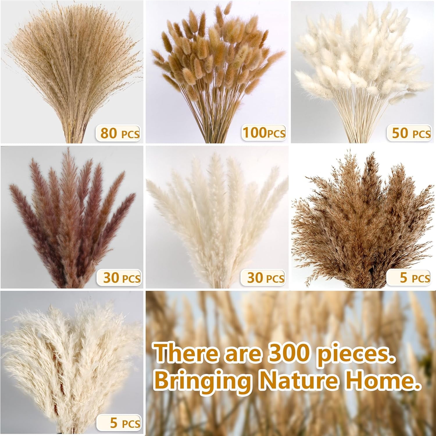 300 PCS Dried Pampas Grass Decor, Flower Bouquets for Wedding, Home, Centerpiece Table, Modern Western Living Room, Nurserie, Nursery, Boho Beach, Women Office, and Decor