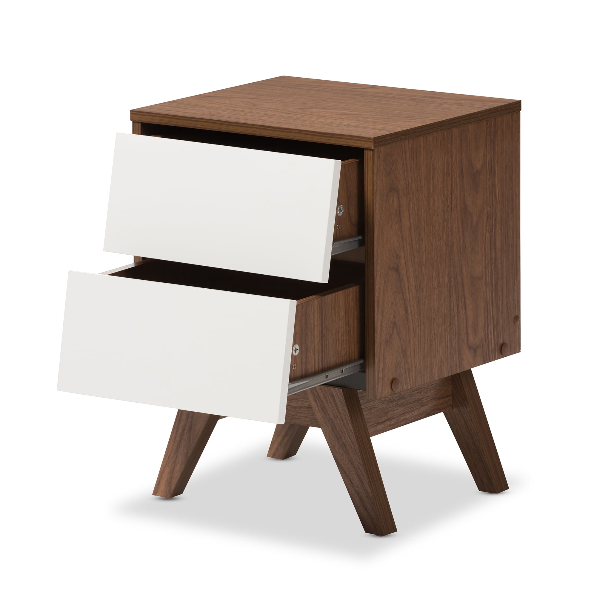 Halfrida Mid-Century Modern White and Walnut Wood 2-Drawer Storage Nightstand by Bellamy Studios