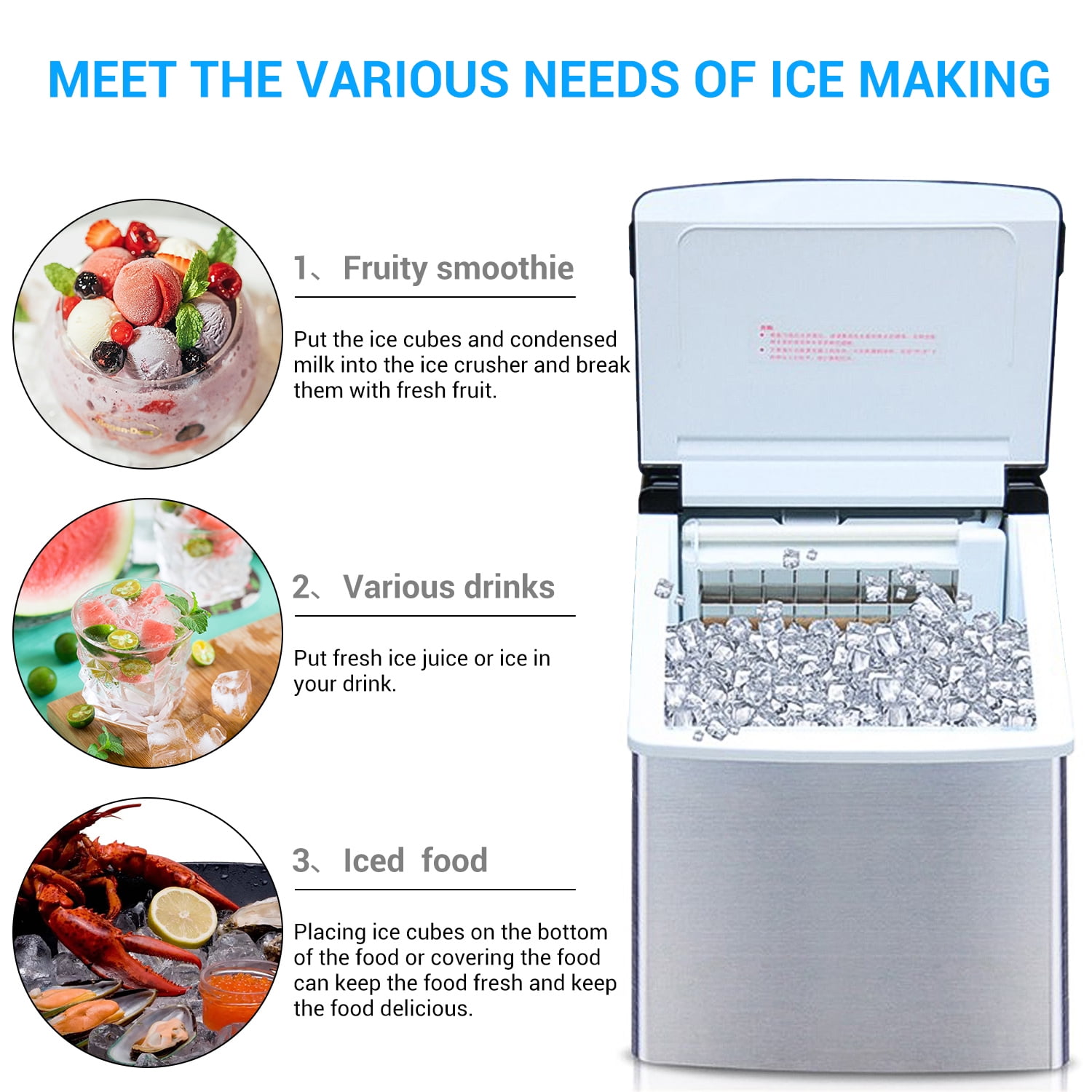 Portable 40 lbs Countertop Clear Square Ice Maker, Silver Stainless Steel Automatic Ice Machine