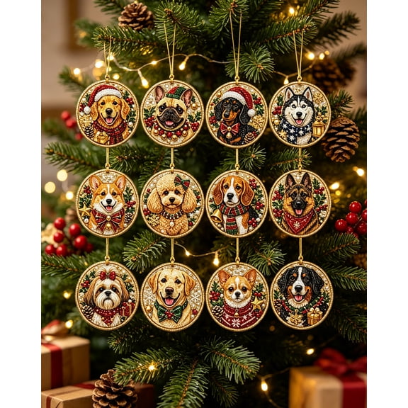 12 Pack DIY Dog Painting Christmas Ornaments, Wooden Holiday Tree Hanging Decorations, Craft Kit for Adults, Handmade Gifts