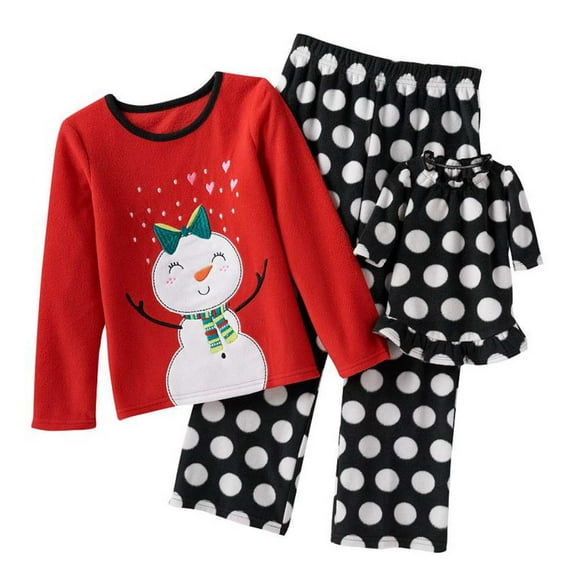Jumping Beans Girls Plush Red Polka Dot Snowman Pajamas & Doll Nightgown Set 4