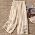 thumbnail image 4 of Jamicy Comfortable Pants for Women Casual Loose Spring Summer Embroidery Elastic Waist Palazzo Pants Cotton Linen Trousers with Pockets, 4 of 4