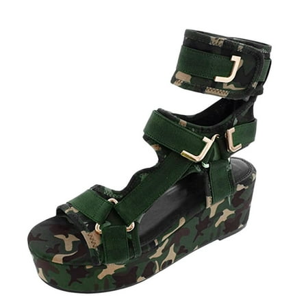 

Juejuezi Womens Sandals Clearance Sale Platform Sandals For Womens Open Toe Ankel Strap Camouflage Flats Beach Shoes