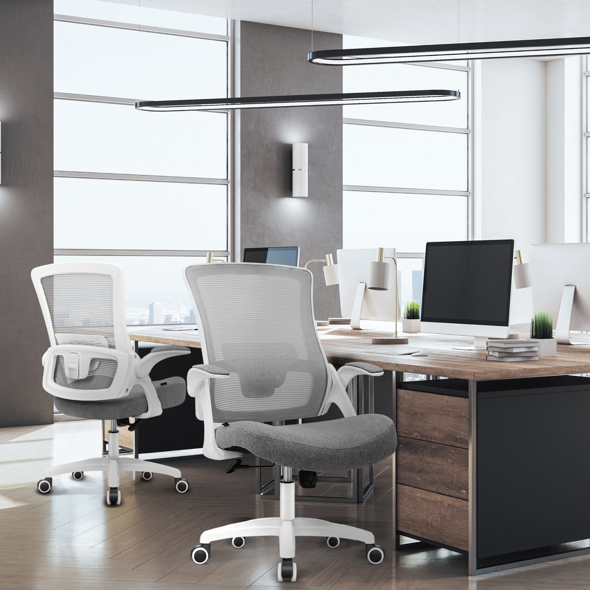 CELTOSS Ergonomic Office Chair, Wide Seat with Flip-Up Armrests, Lumbar Support, Adjustable Height, Comfy Home Task Computer Chair, Gray
