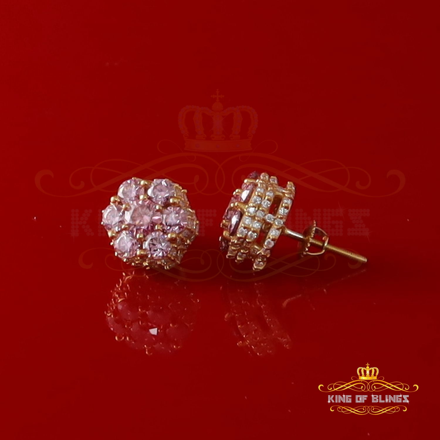 King of Bling's Men/Women's 925 Silver Yellow 2.50ct VVS D Pink Moissanite Floral Stud Earrings