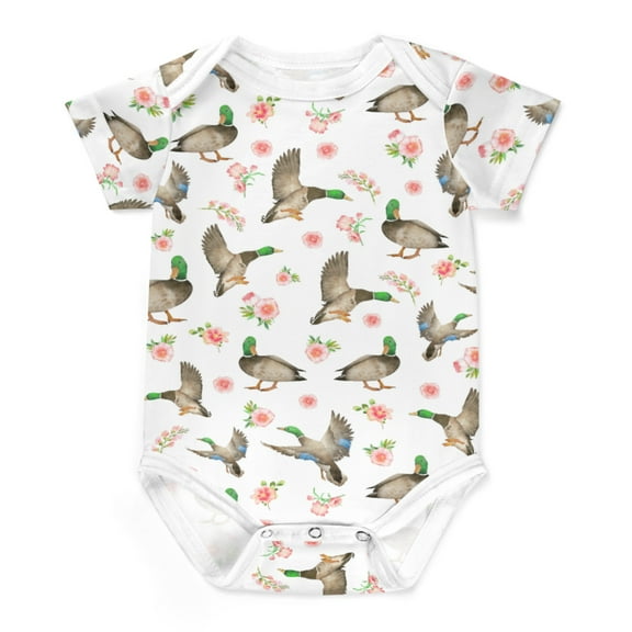 Mallard Duck Baby Bodysuit for Girl Boy Wild Ducks Hunting Short Sleeve Romper Boho Floral Leaves Bodysuit Home Outfit