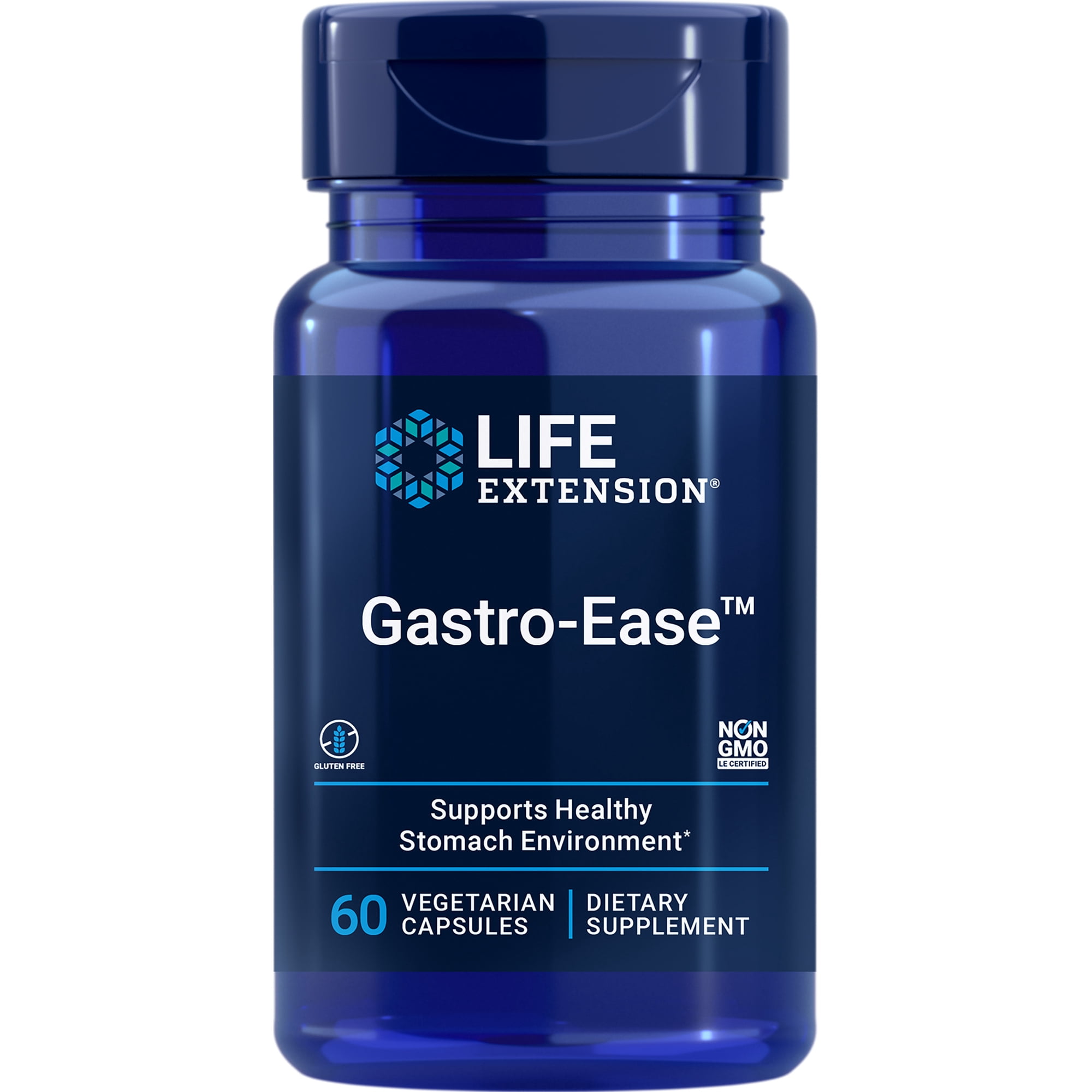 Life Extension Gastro-Ease™, zinc L-carnosine, Pylopass™ Lactobacillus reuteri probiotics, digestion supplement, gut health, stomach comfort, gluten-free, non-GMO, vegetarian, 60 capsules