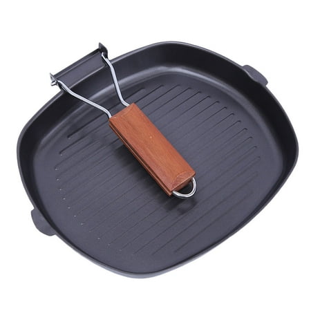 Non-sticky Steak Frying Pan with Wooden Folding Handle Portable Square Grill Pan Kitchen (Best Pan For Steak)