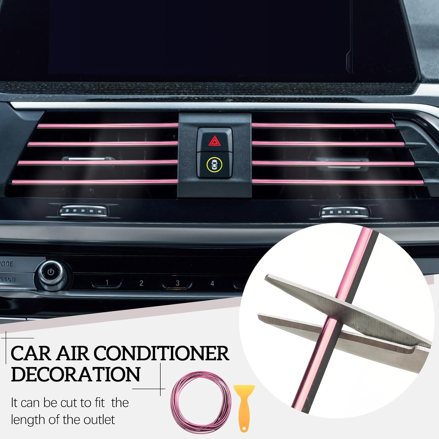 30 Pcs Car Accessories Set Pink and Black PU Leather Steering Wheel Cover Auto Interior Accessories Gift Car Vent Trim Strips Air Conditioner Insert Strips with Installation Tool