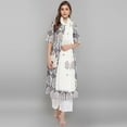 thumbnail image 3 of Janasya Indian Round Neck Half Sleeve Botanical Print White Cotton Kurta With Palazzo And Dupatta For Women, 3 of 10