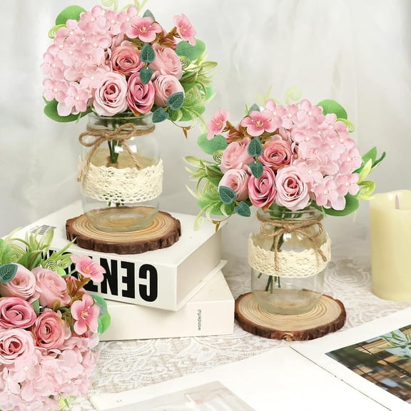 Set 6 Mason Jar Table Centerpiece - Wedding Centerpieces for Tables, Mason Jar Flower Centerpiece Vases Decor- Boho Farmhouse Rustic for Engagement, Bridal Shower, Wedding, Versatile Decor (Pink)
