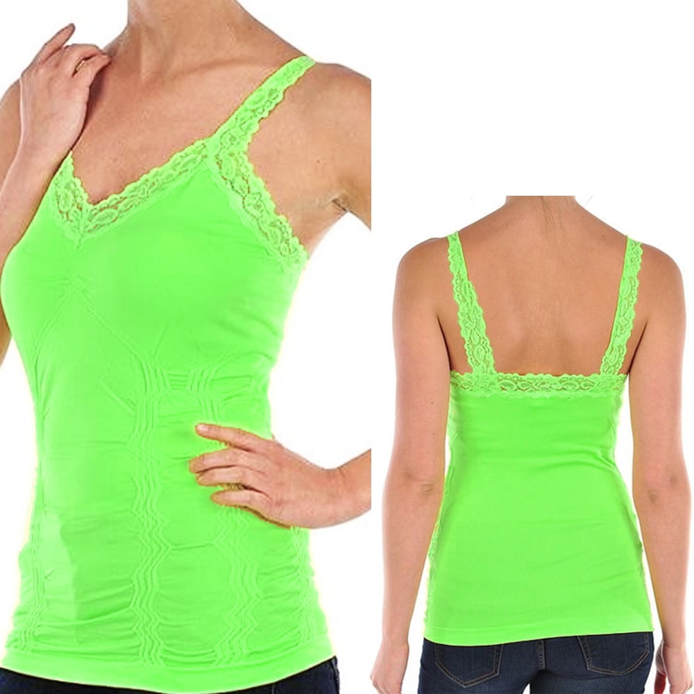 Sexy Seamless Stretch Lace Trim Spaghetti Rouched Camisole Tank Top