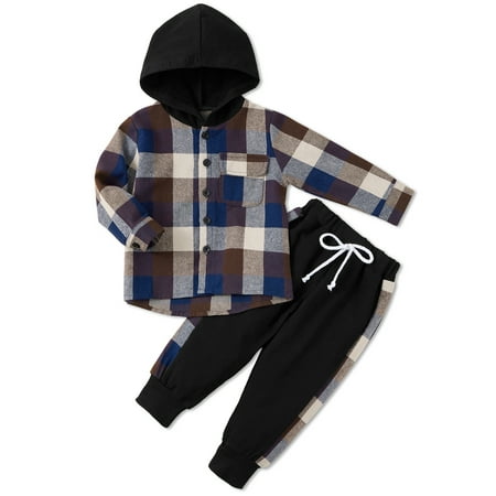 

SYNPOS 1-5T Kid Toddler Boy Outfits Plaid Hoodied T-shirt Tops +Casual Pants Fall Winter Clothes Set