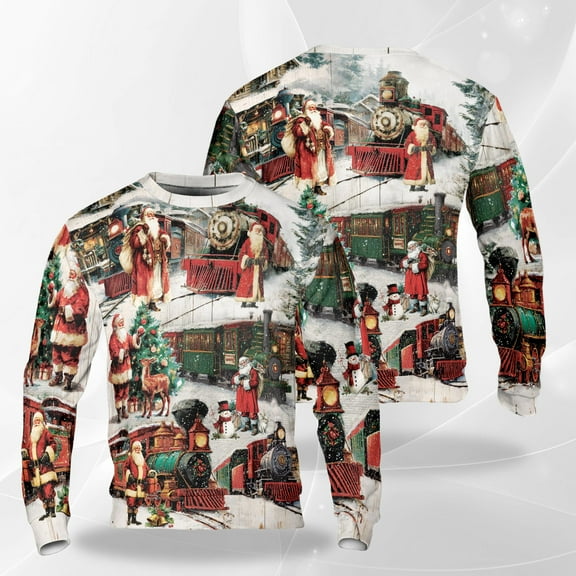 Vintage Santa Train Christmas Sweatshirt, Classic Holiday Locomotive Crewneck, Snowy Winter Scene Pullover for Men Women