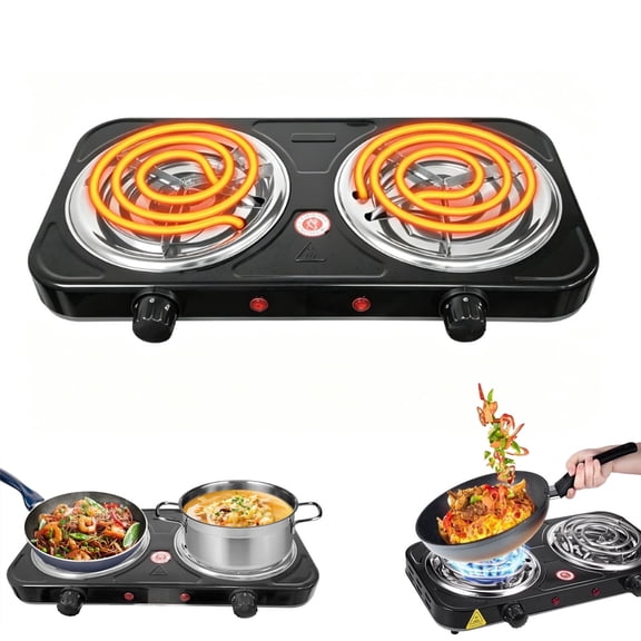 Hot Plate for Cooking,2000W Double Burner, Electric Stove Burner with 5 Levels Temperature Control, Countertop Double Coil Burner Cast Iron Cooktop for All Cookwares Home Camp RV