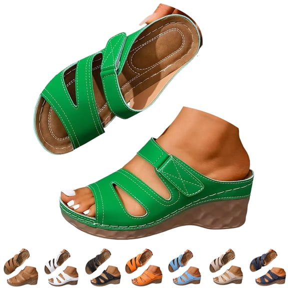 Dakaela Wedge Sandals for Women Leather Summer Dressy Slip on Slides Wide Width Cutout Platform Comfortable Walking Slippers Size 6-10 Black