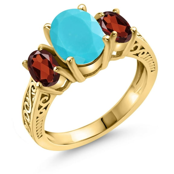 Gem Stone King 2.64 Ct Oval Green Turquoise Red Garnet 18K Yellow Gold Plated Silver Ring (Size 9)