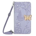 thumbnail image 2 of SaniMore Case for iPhone 14 6.1" 2022, [Crossbody/Wrist Lanyard] PU Leather Skin Embossed Butterfly [Diamond Clasp] Card Slots Kickstand Shockproof Shockproof Stylish Glitter Wallet Shell, Lightpurple, 2 of 13