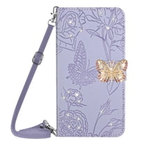 for Samsung Galaxy A54 5G Flower Pattern Wallet Case, with Wrist Hand Strap Crossbody Lanyard, Sparkle Rhinestone Butterfly Cover with Card Slots & Kickstand & Magnetic Clasp Case, Lightpurple #2