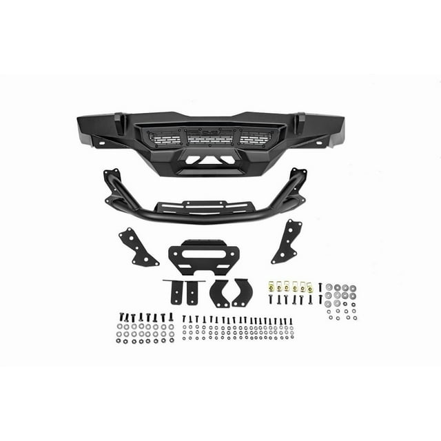 DV8 Offroad Bumper FBJL-09 Spec Series; Modular Design; Direct Fit; Mounting Hardware Included; With Bull Bar; With Winch Mount/Will Support a 12000 Pound Rated Winch; Satin Black Mesh Accent Plate