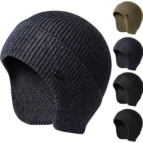 HESHENG Mens Peaked Knit Winter Warm Fleece Lined Cap Hat Beanie Ear Flaps Earmuff Work Outdoor Sports Cycling Hiking Running (Navy)