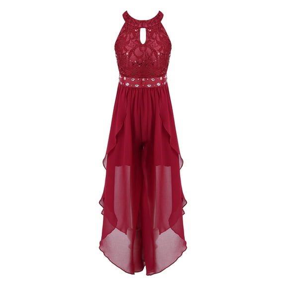 Yartina Kids Girl Sequins Lace Dress Sleeveless Halter Walk-Through Romper Maxi Party Dress Junior Burgundy 16